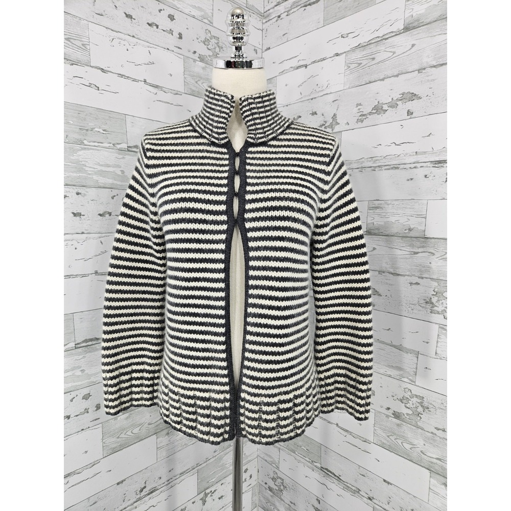 Talbots Striped Wool Angora Cardigan Sweater Gray Cream Funnel Neck Womens M